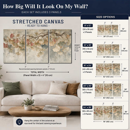 Cream and blush ginkgo leaves on delicate branches 3 piece canvas wall art size guide above a sofa; room view is illustrative