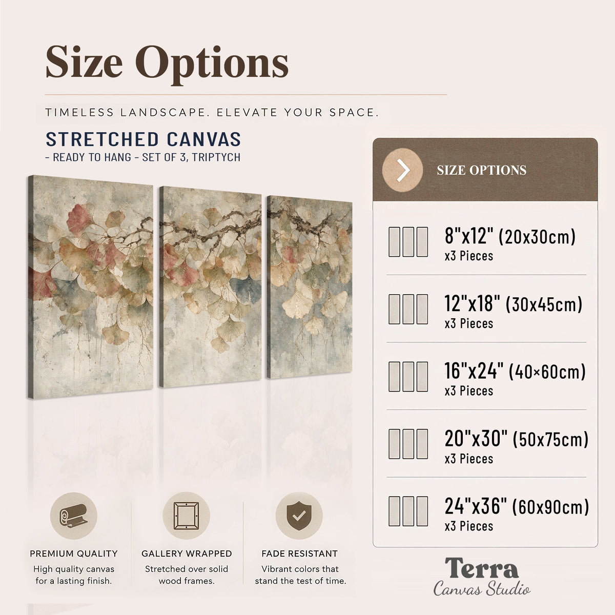 Cream and blush ginkgo leaves on delicate branches 3 piece canvas wall art available dimensions; triptych dimensions are per panel