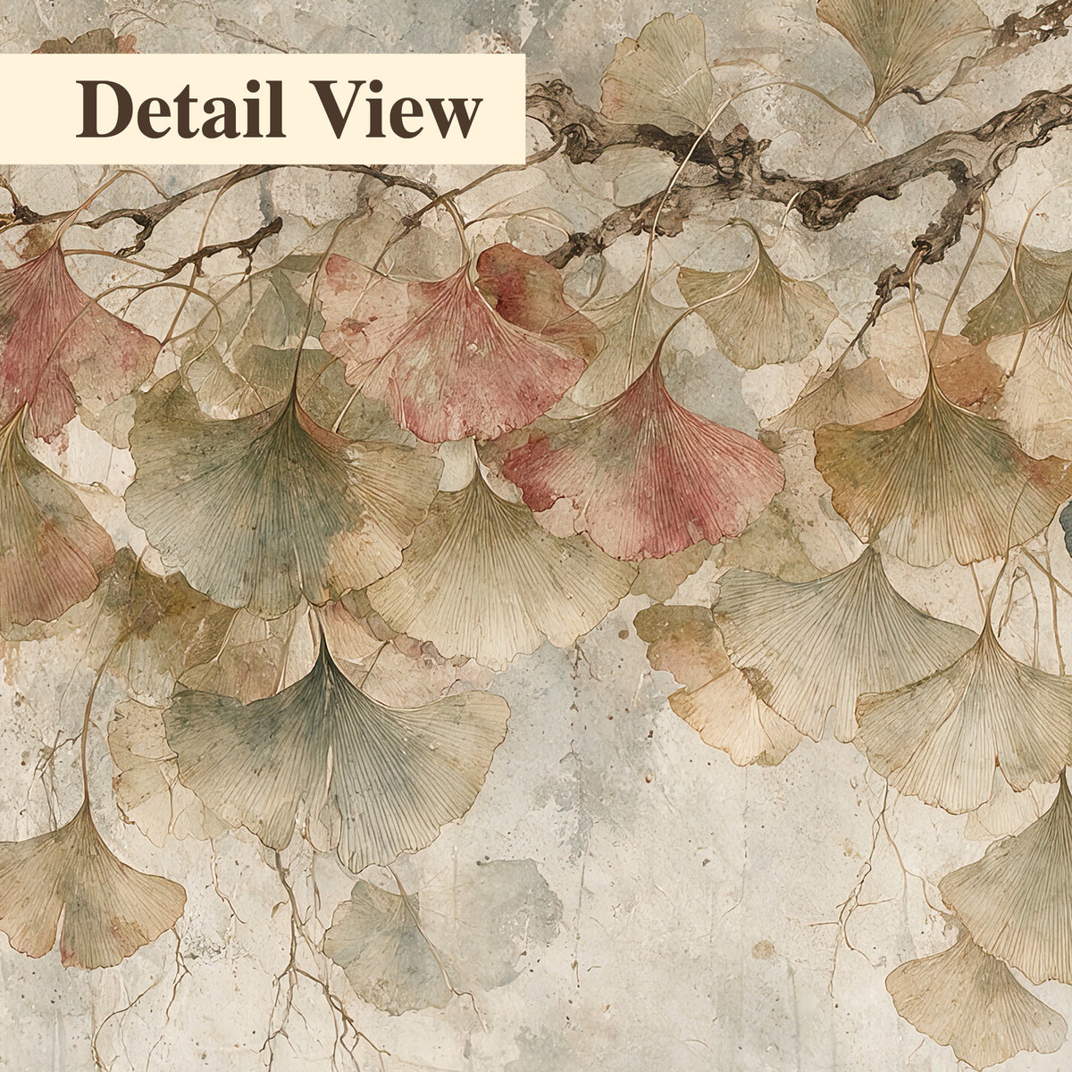 Cream and blush ginkgo leaves on delicate branches 3 piece canvas wall art artwork detail close up