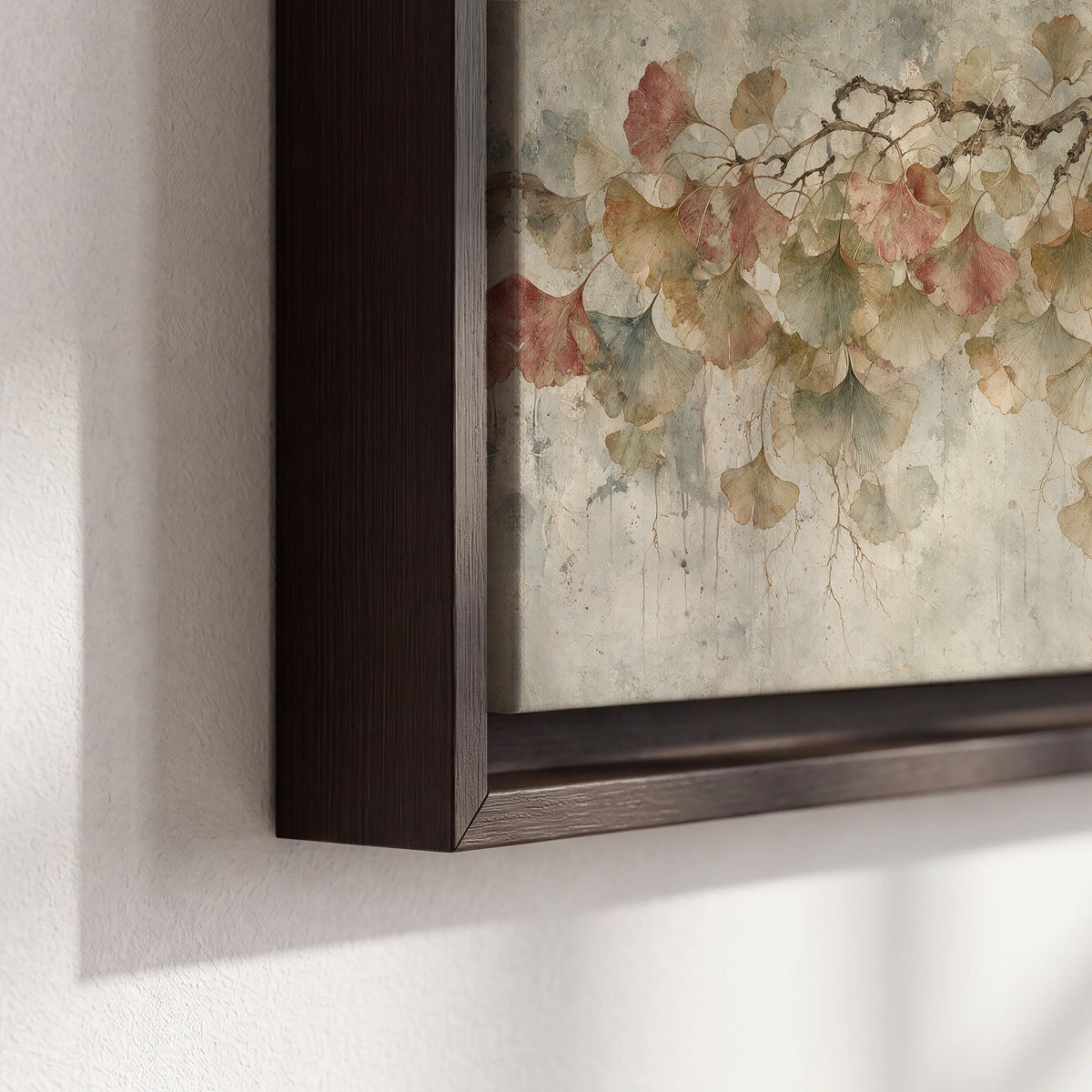 Cream and blush ginkgo leaves on delicate branches 3 piece framed canvas wall art material and edge close up