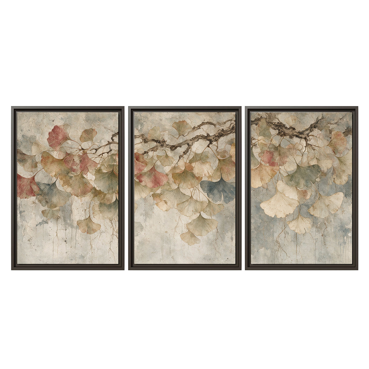 Cream and blush ginkgo leaves on delicate branches 3 piece framed canvas wall art viewed straight on
