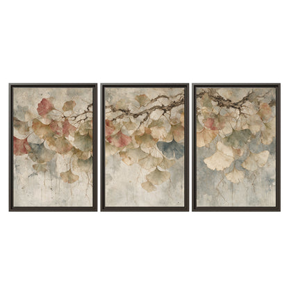 Cream and blush ginkgo leaves on delicate branches 3 piece framed canvas wall art viewed straight on