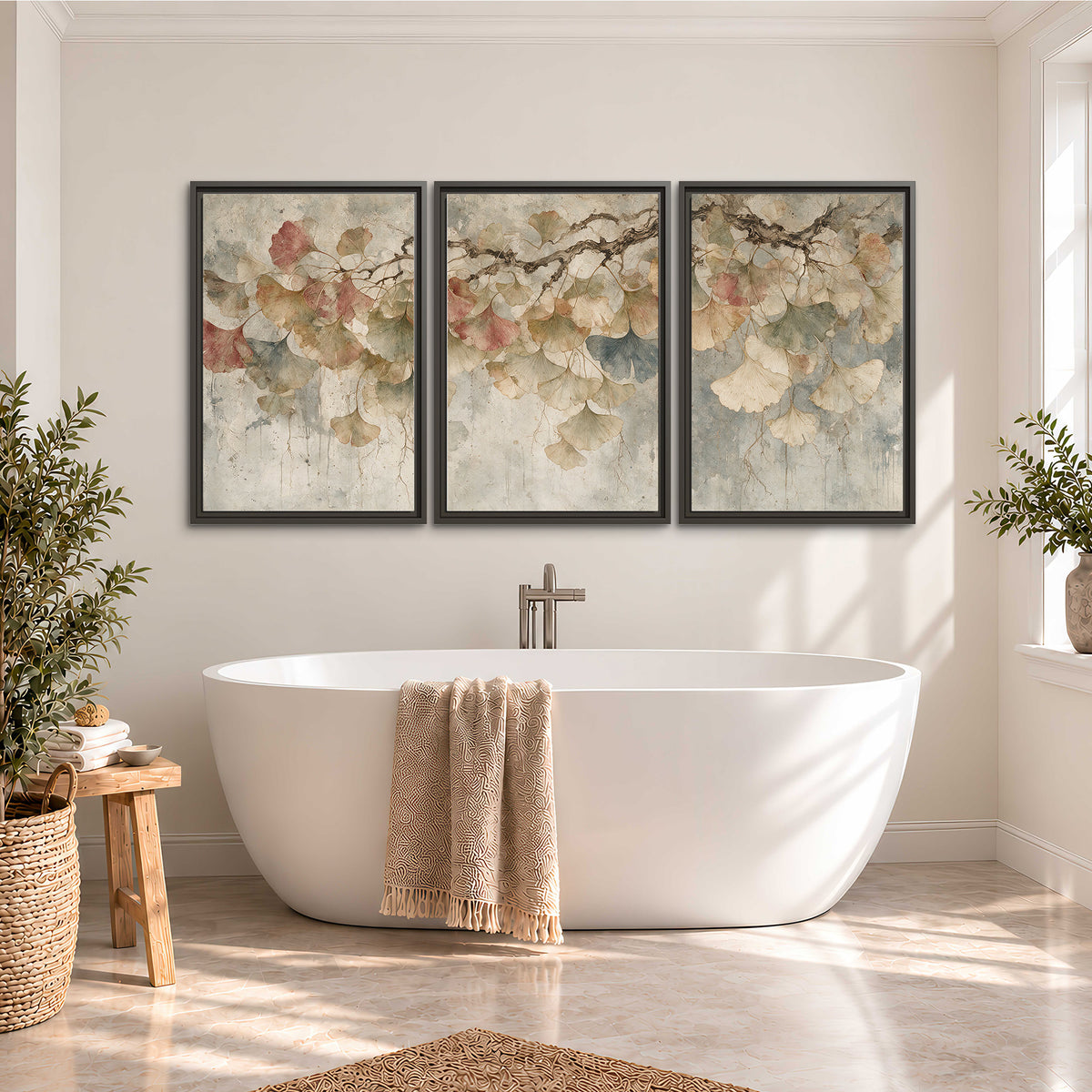 Cream and blush ginkgo leaves on delicate branches 3 piece framed canvas wall art styled in an interior