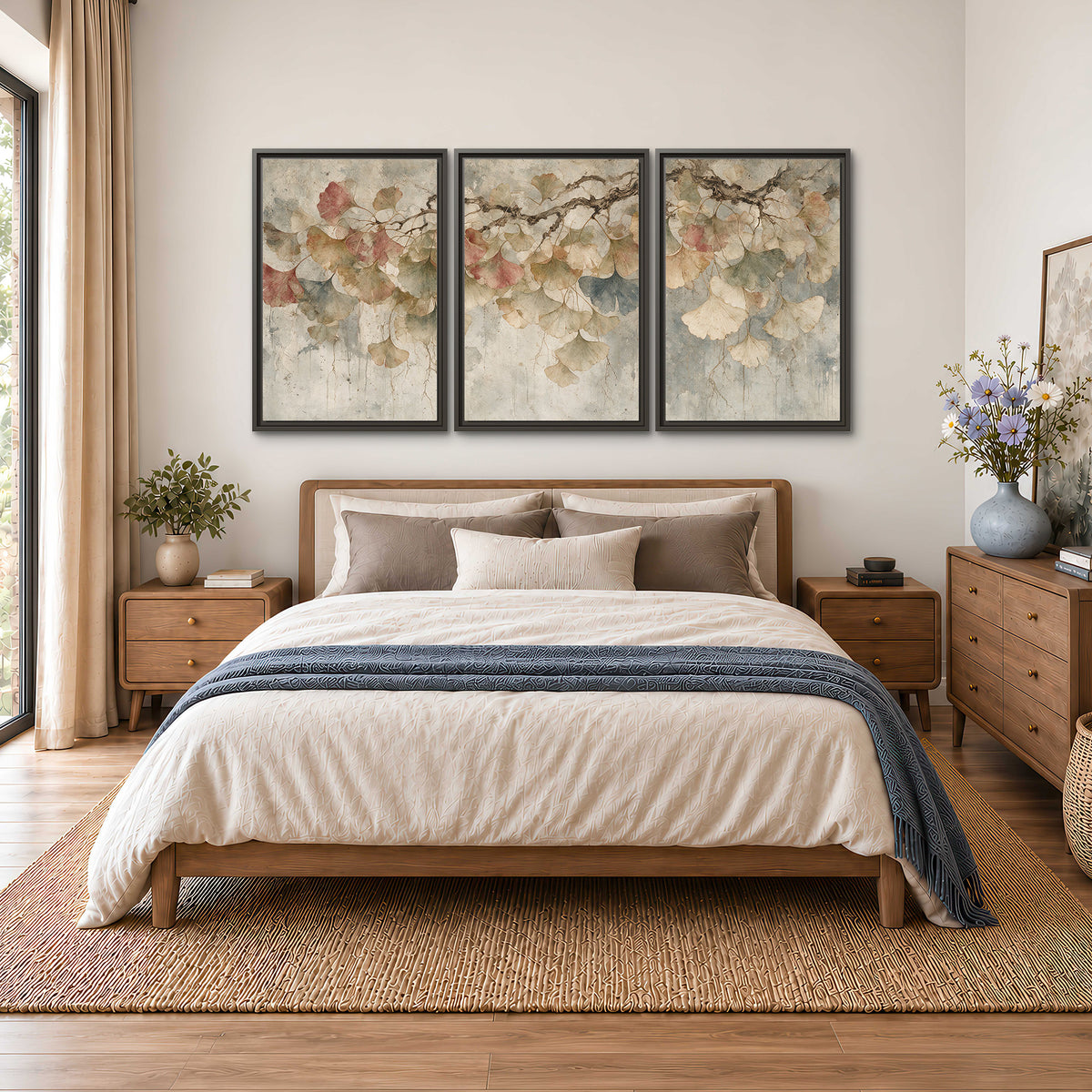 Cream and blush ginkgo leaves on delicate branches 3 piece framed canvas wall art styled in an interior
