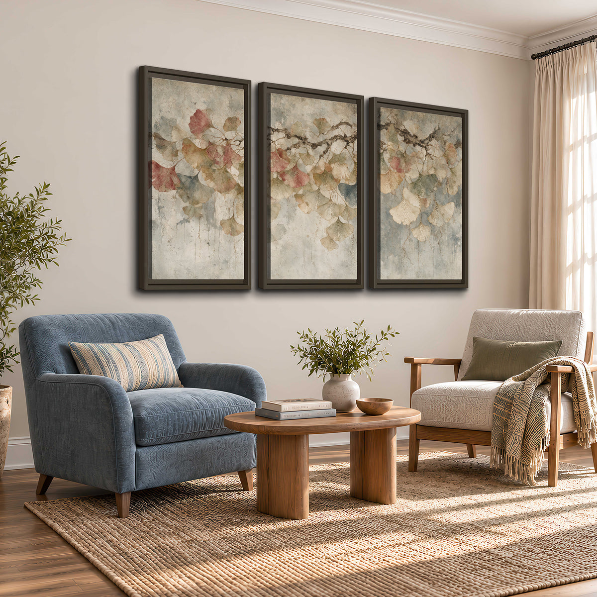 Cream and blush ginkgo leaves on delicate branches 3 piece framed canvas wall art styled in an interior
