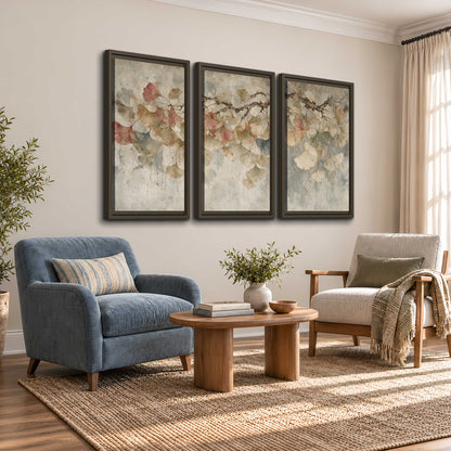 Cream and blush ginkgo leaves on delicate branches 3 piece framed canvas wall art styled in an interior