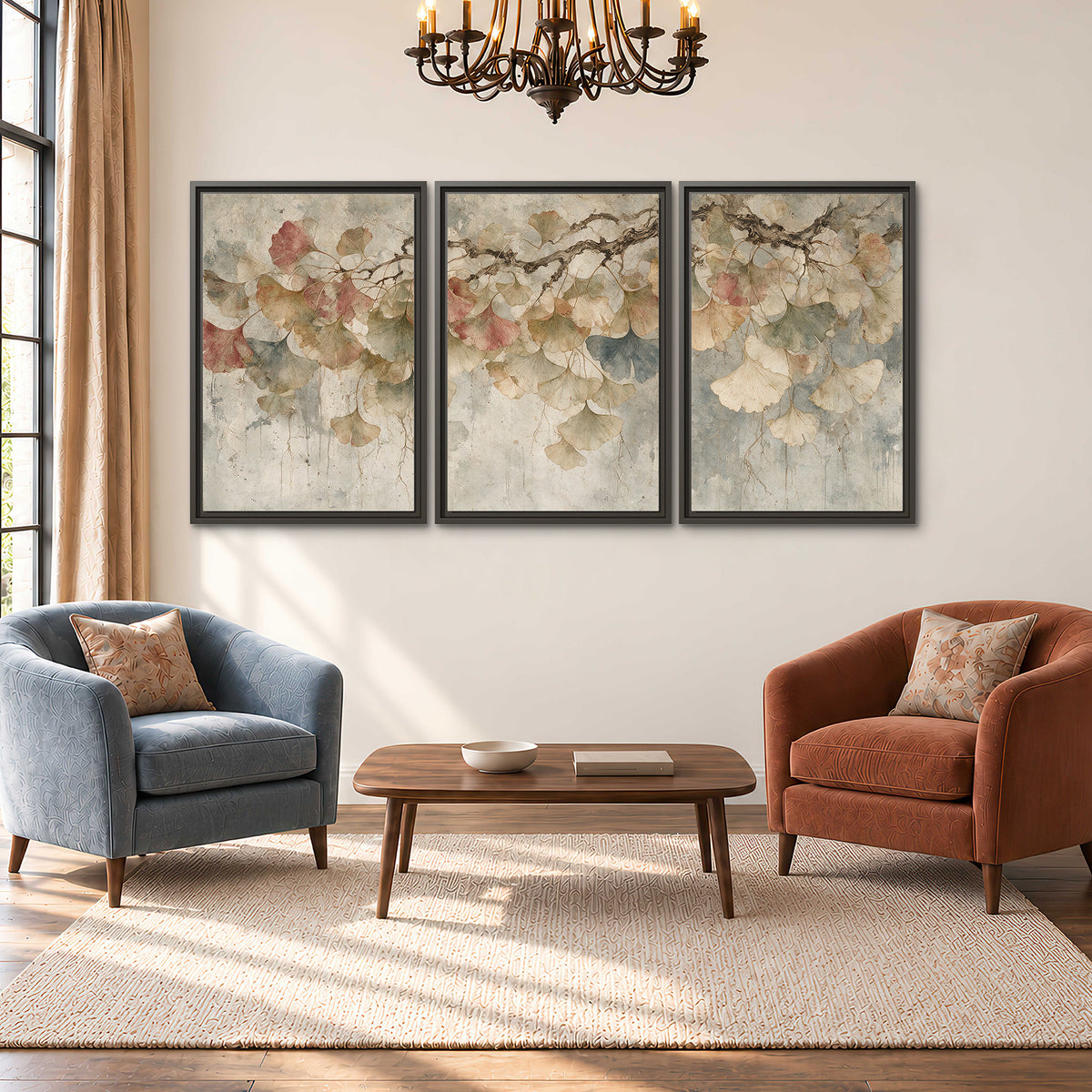 Cream and blush ginkgo leaves on delicate branches 3 piece framed canvas wall art styled in an interior