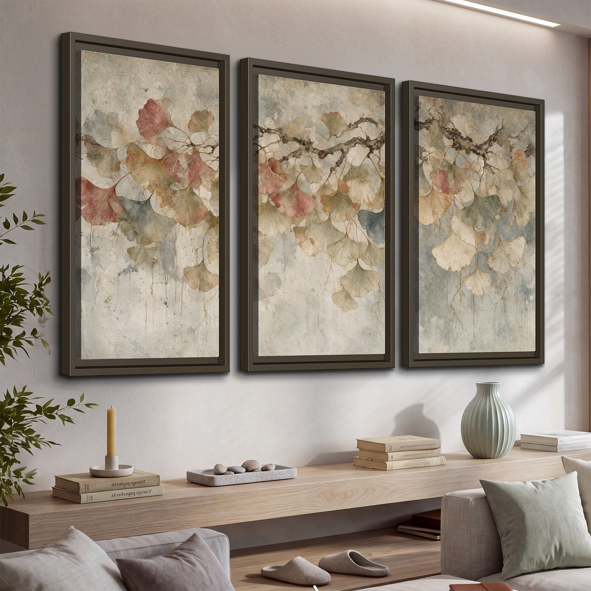 Cream and blush ginkgo leaves on delicate branches 3 piece framed canvas wall art displayed in a console