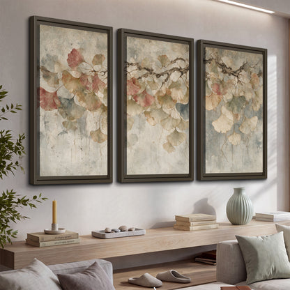 Cream and blush ginkgo leaves on delicate branches 3 piece framed canvas wall art displayed in a console