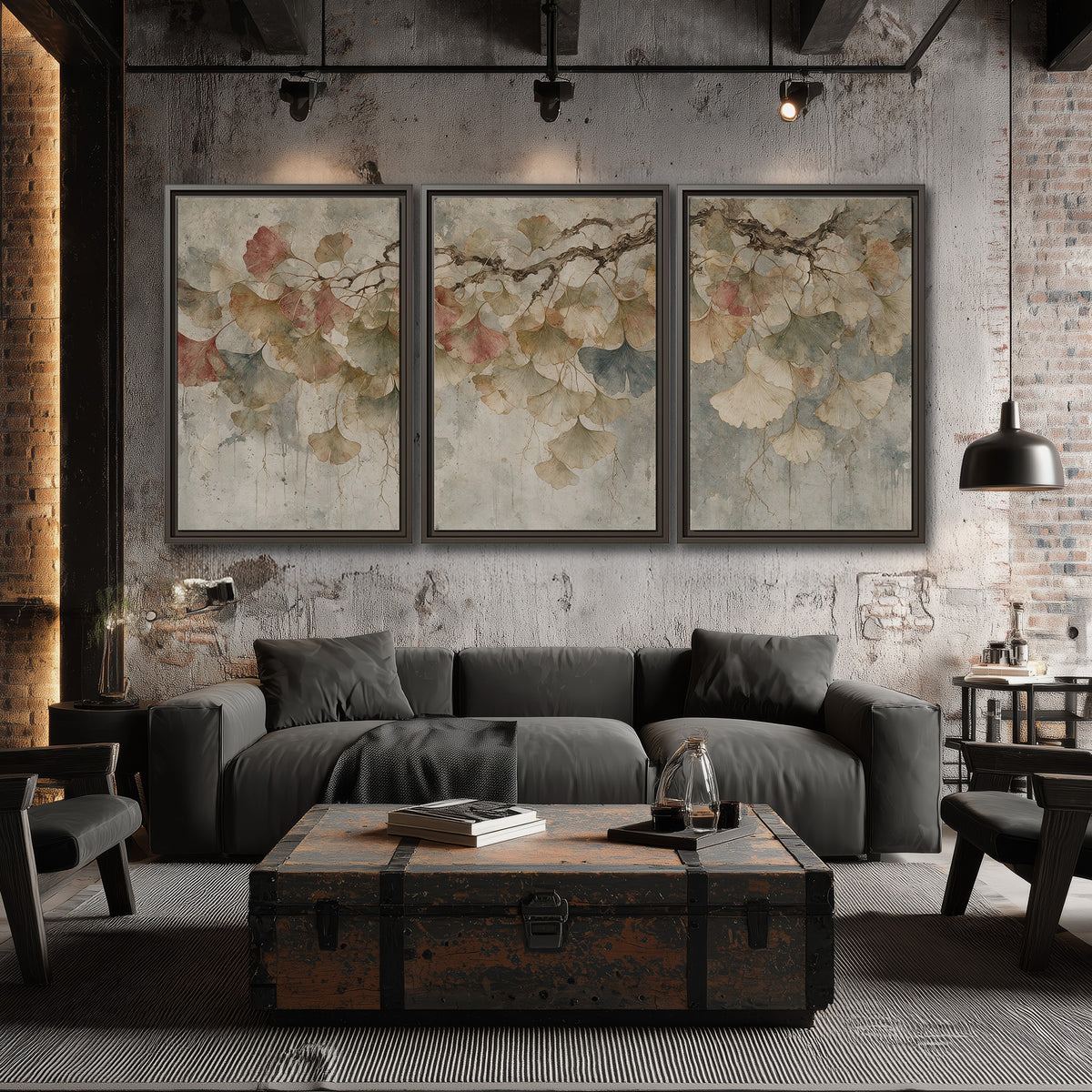 Cream and blush ginkgo leaves on delicate branches 3 piece framed canvas wall art displayed in a industrial room