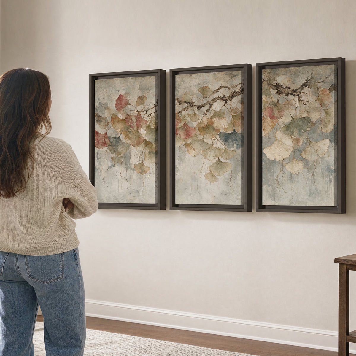 Cream and blush ginkgo leaves on delicate branches 3 piece framed canvas wall art three panel arrangement on a wall
