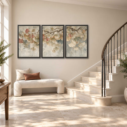 Cream and blush ginkgo leaves on delicate branches 3 piece framed canvas wall art styled in an interior