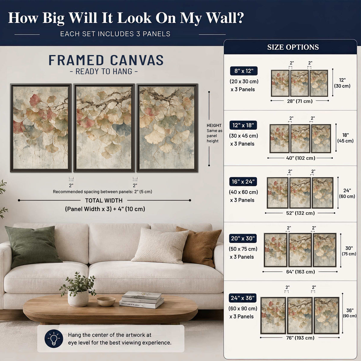 Cream and blush ginkgo leaves on delicate branches 3 piece framed canvas wall art size guide above a sofa; room view is illustrative