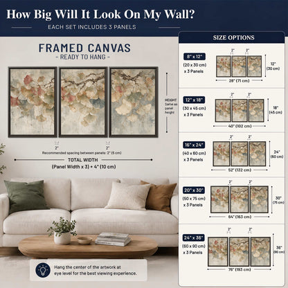 Cream and blush ginkgo leaves on delicate branches 3 piece framed canvas wall art size guide above a sofa; room view is illustrative