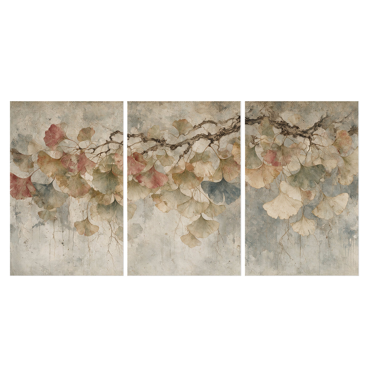 Cream and blush ginkgo leaves on delicate branches set of 3 poster prints viewed straight on