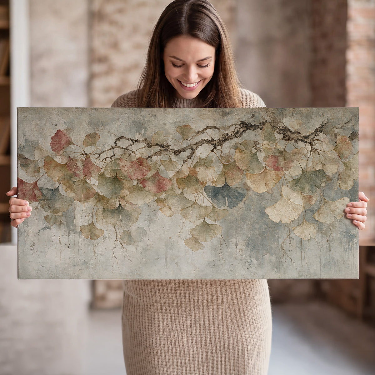 Cream and blush ginkgo leaves on delicate branches single canvas wall art held in hands