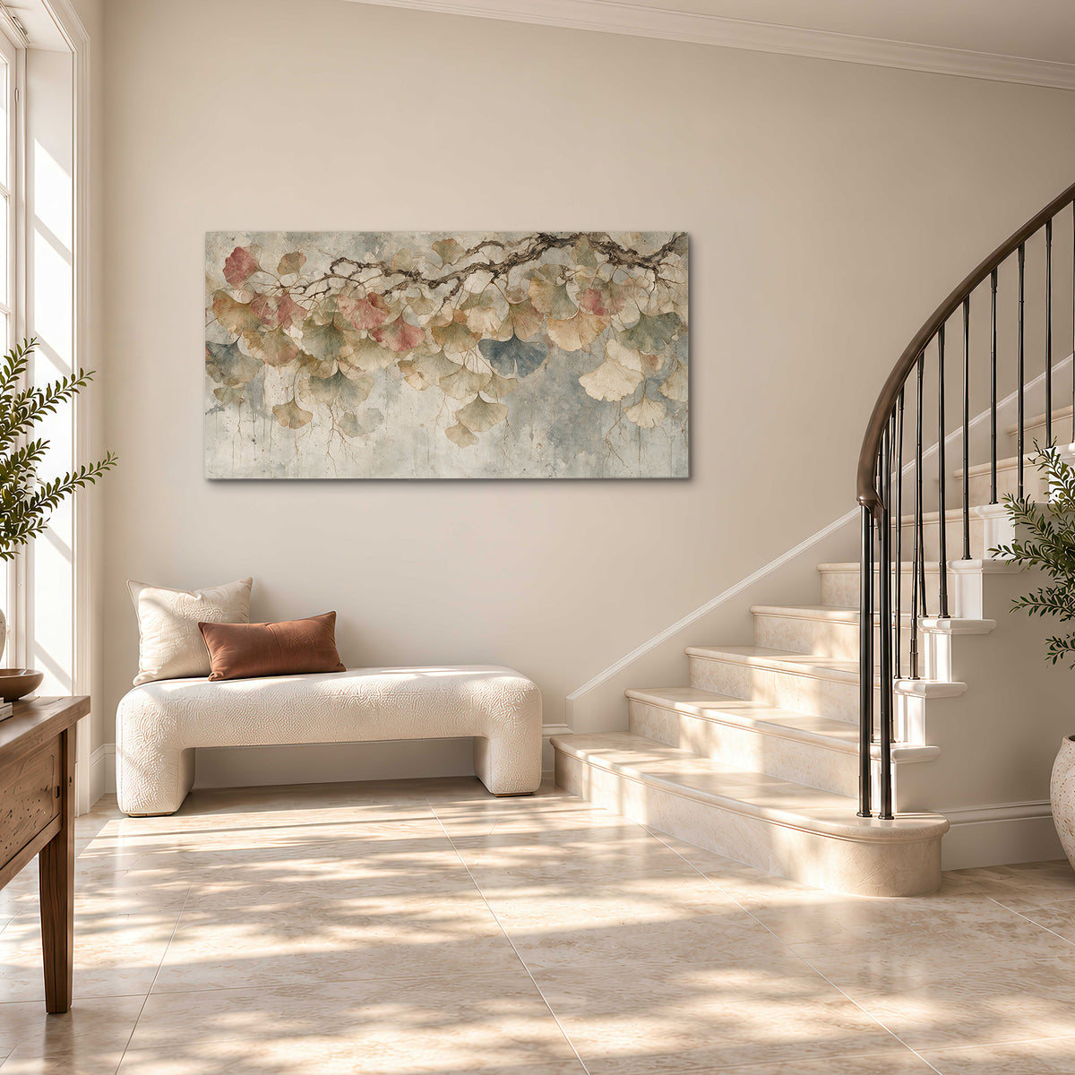 Cream and blush ginkgo leaves on delicate branches single canvas wall art styled in an interior
