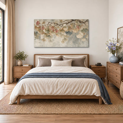 Cream and blush ginkgo leaves on delicate branches single canvas wall art styled in an interior