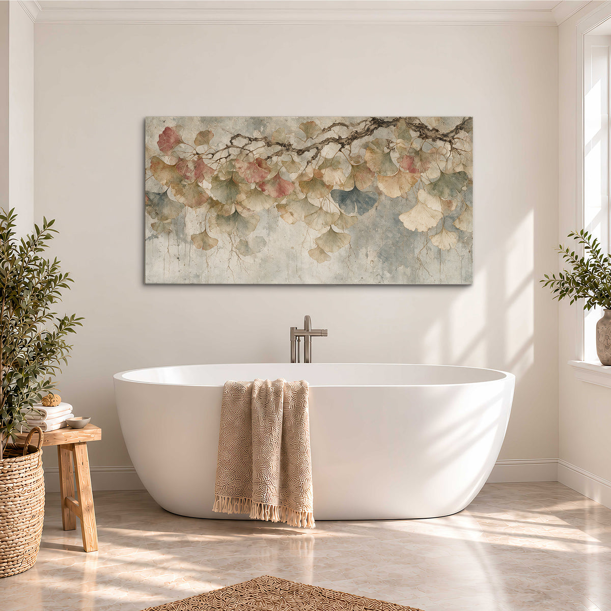 Cream and blush ginkgo leaves on delicate branches single canvas wall art styled in an interior