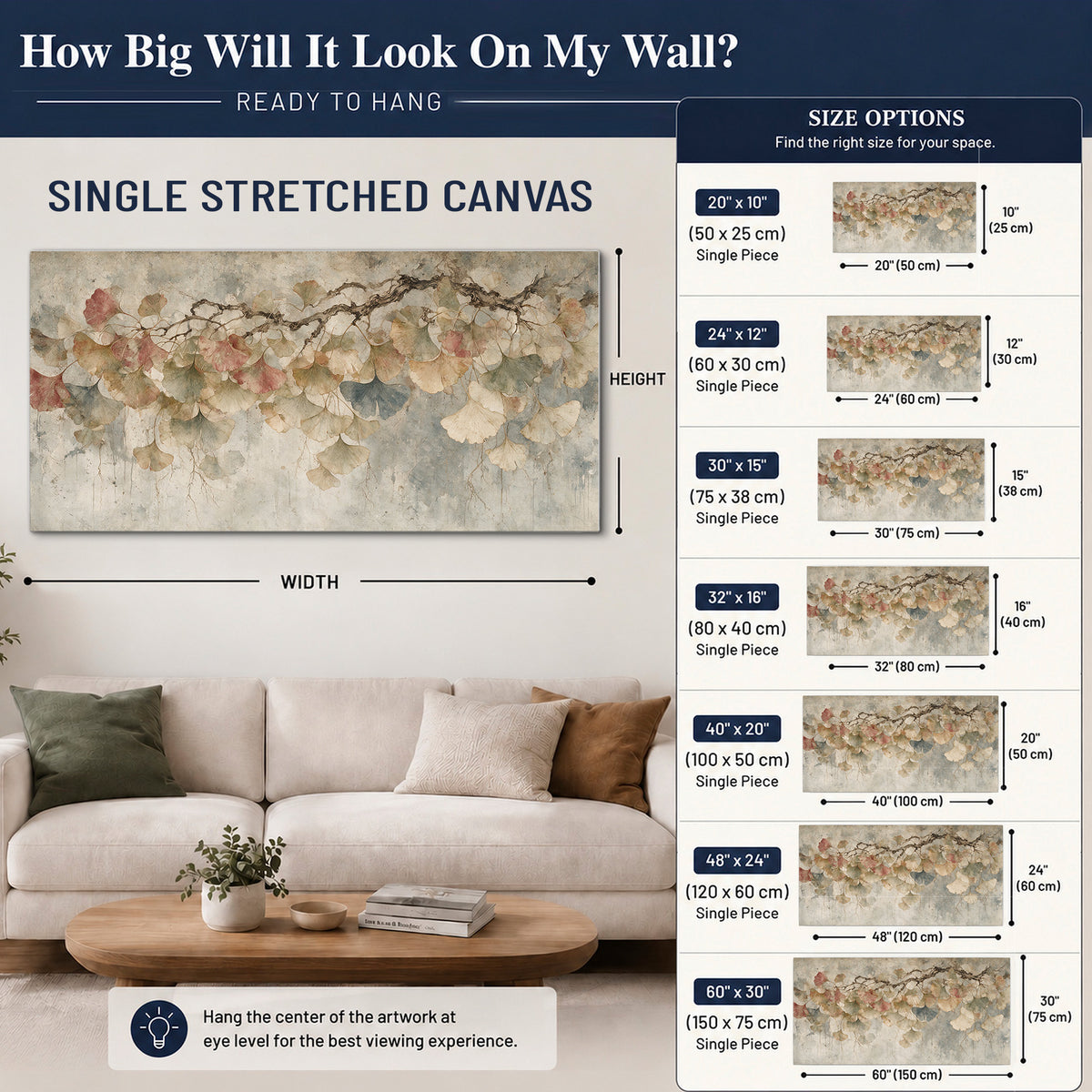 Cream and blush ginkgo leaves on delicate branches single canvas wall art size guide above a sofa; room view is illustrative