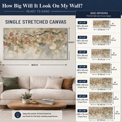Cream and blush ginkgo leaves on delicate branches single canvas wall art size guide above a sofa; room view is illustrative