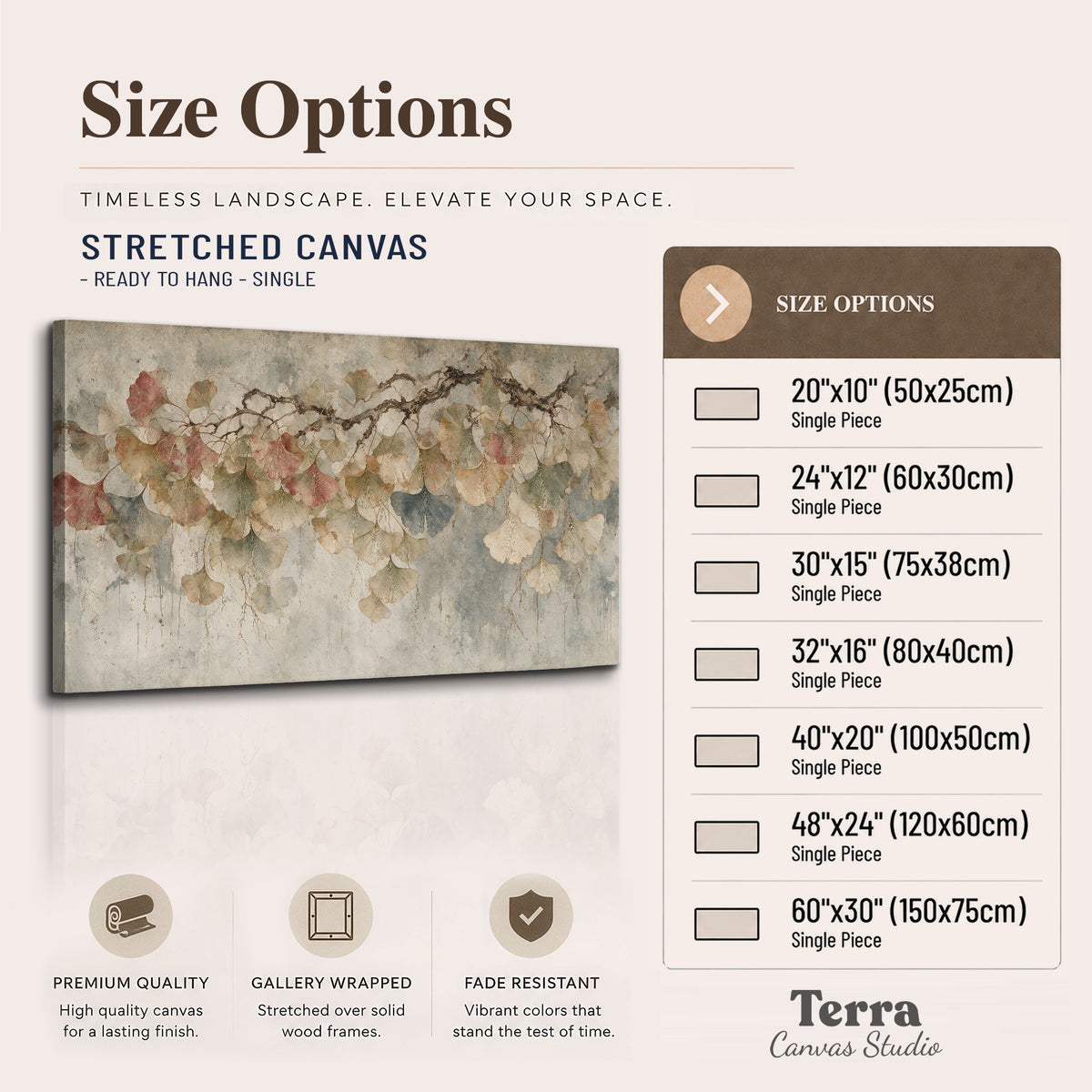 Cream and blush ginkgo leaves on delicate branches single canvas wall art available dimensions