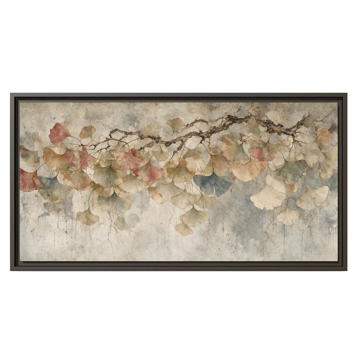 Cream and blush ginkgo leaves on delicate branches single framed canvas wall art viewed straight on