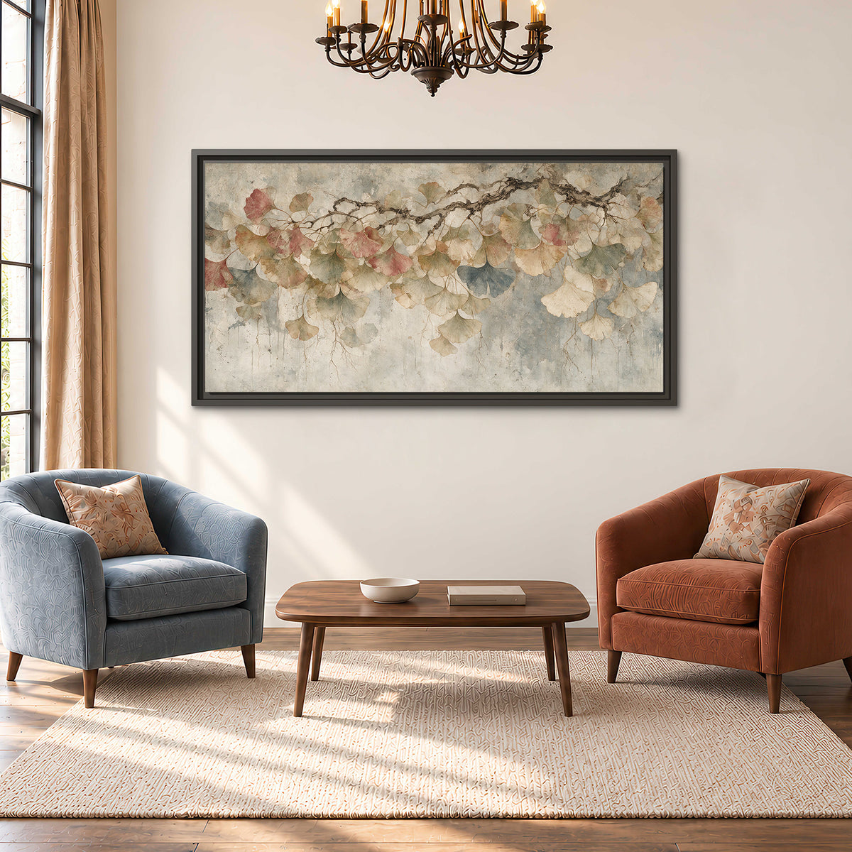 Cream and blush ginkgo leaves on delicate branches single framed canvas wall art styled in an interior