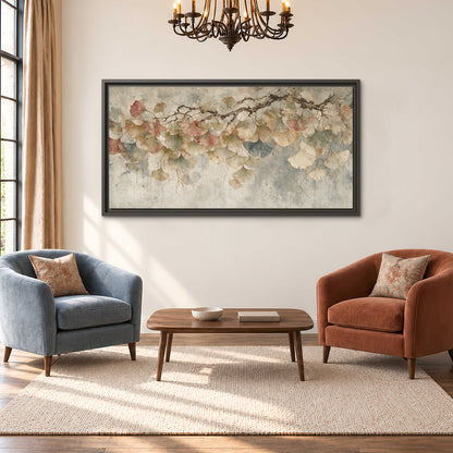 Cream and blush ginkgo leaves on delicate branches single framed canvas wall art styled in an interior