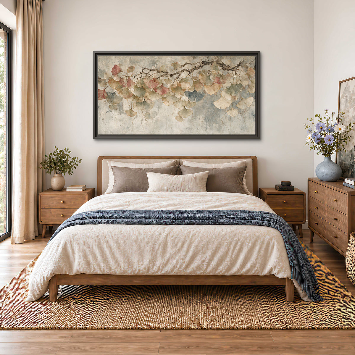 Cream and blush ginkgo leaves on delicate branches single framed canvas wall art styled in an interior