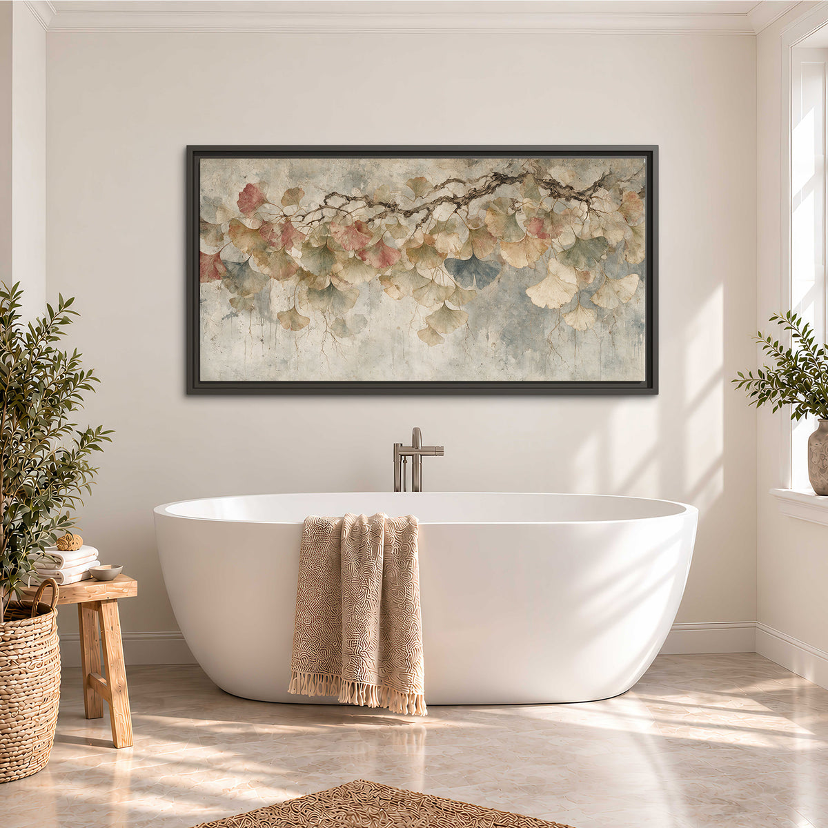 Cream and blush ginkgo leaves on delicate branches single framed canvas wall art styled in an interior