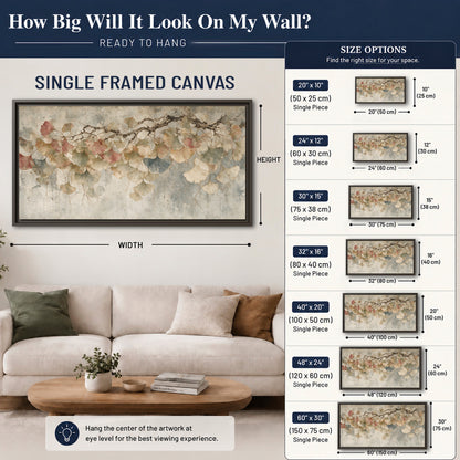 Cream and blush ginkgo leaves on delicate branches single framed canvas wall art size guide above a sofa; room view is illustrative