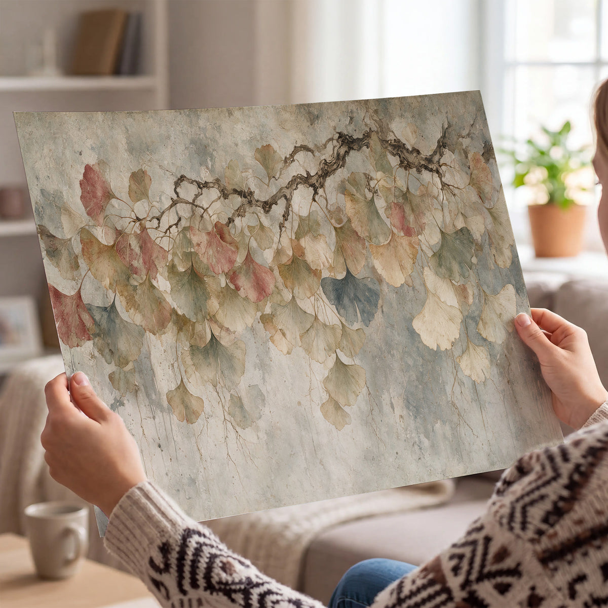 Cream and blush ginkgo leaves on delicate branches single poster print held in hands