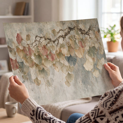 Cream and blush ginkgo leaves on delicate branches single poster print held in hands