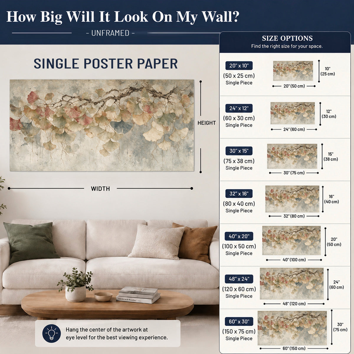 Cream and blush ginkgo leaves on delicate branches single poster print size guide above a sofa; room view is illustrative