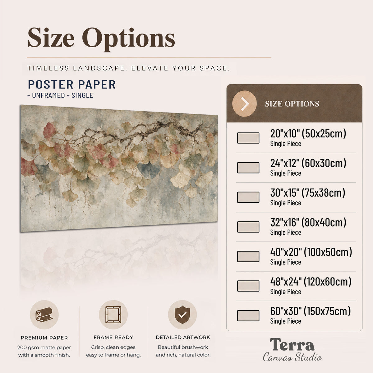 Cream and blush ginkgo leaves on delicate branches single poster print available dimensions