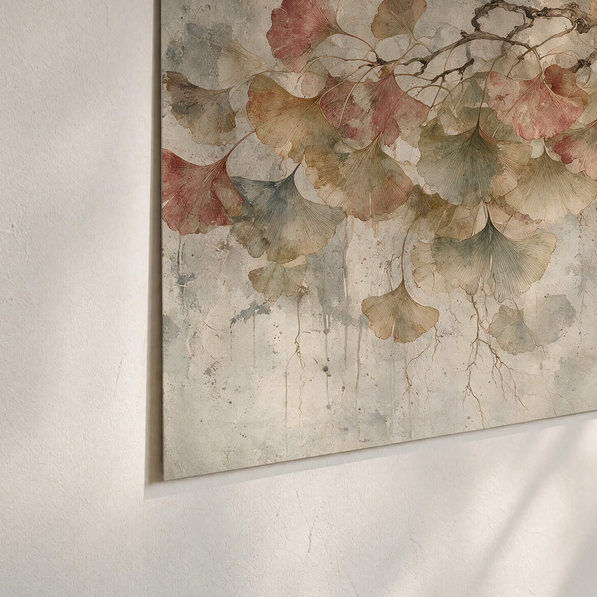 Cream and blush ginkgo leaves on delicate branches set of 3 poster prints material and edge close up