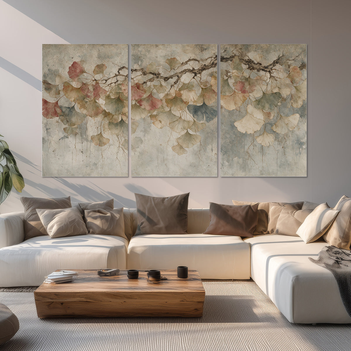 Cream and blush ginkgo leaves on delicate branches set of 3 poster prints displayed in a living room