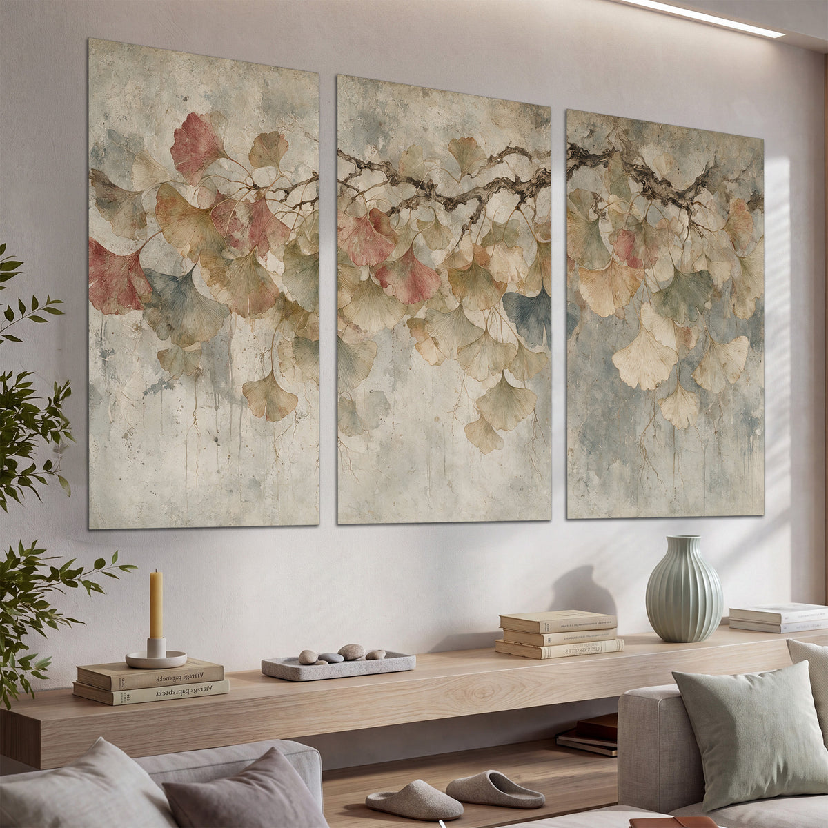 Cream and blush ginkgo leaves on delicate branches set of 3 poster prints displayed in a console