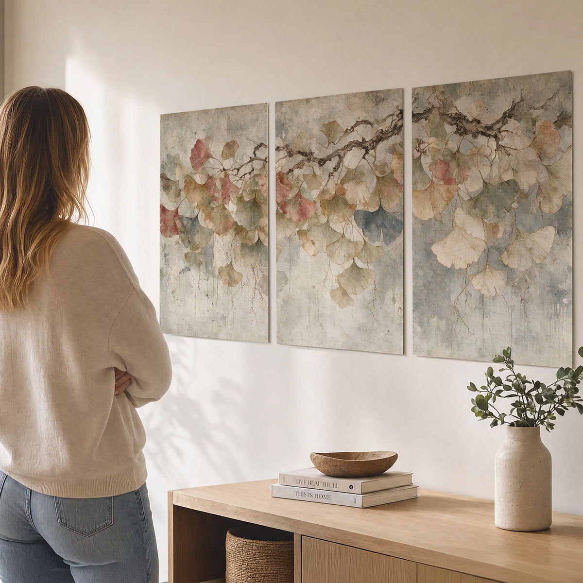 Cream and blush ginkgo leaves on delicate branches set of 3 poster prints three panel arrangement on a wall
