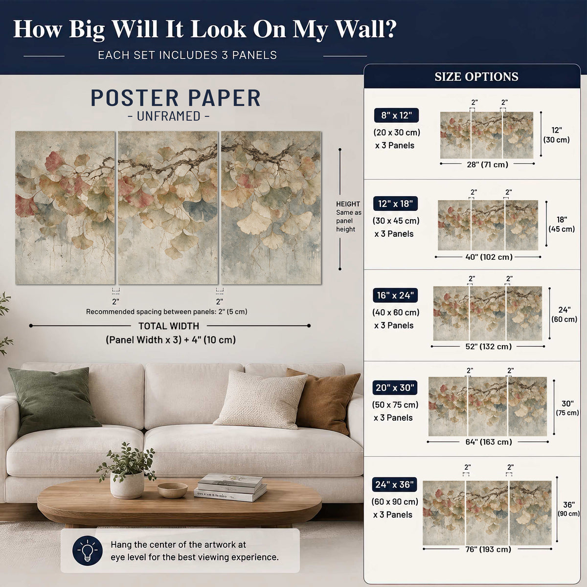 Cream and blush ginkgo leaves on delicate branches set of 3 poster prints size guide above a sofa; room view is illustrative