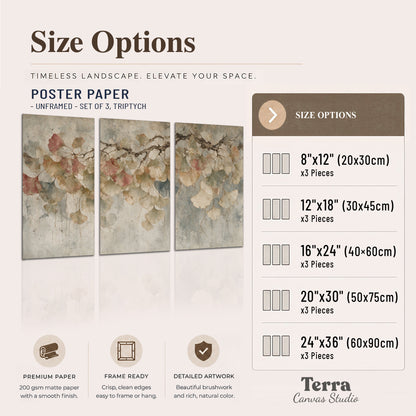 Cream and blush ginkgo leaves on delicate branches set of 3 poster prints available dimensions; triptych dimensions are per panel
