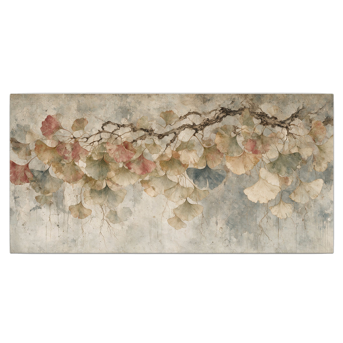 Cream and blush ginkgo leaves on delicate branches single canvas wall art viewed straight on