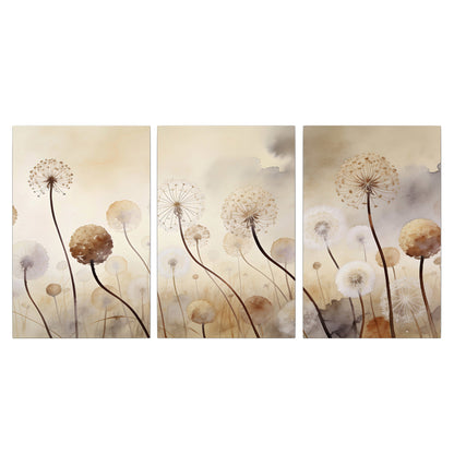 Delicate dandelion seed heads in warm misty light 3 piece canvas wall art viewed straight on