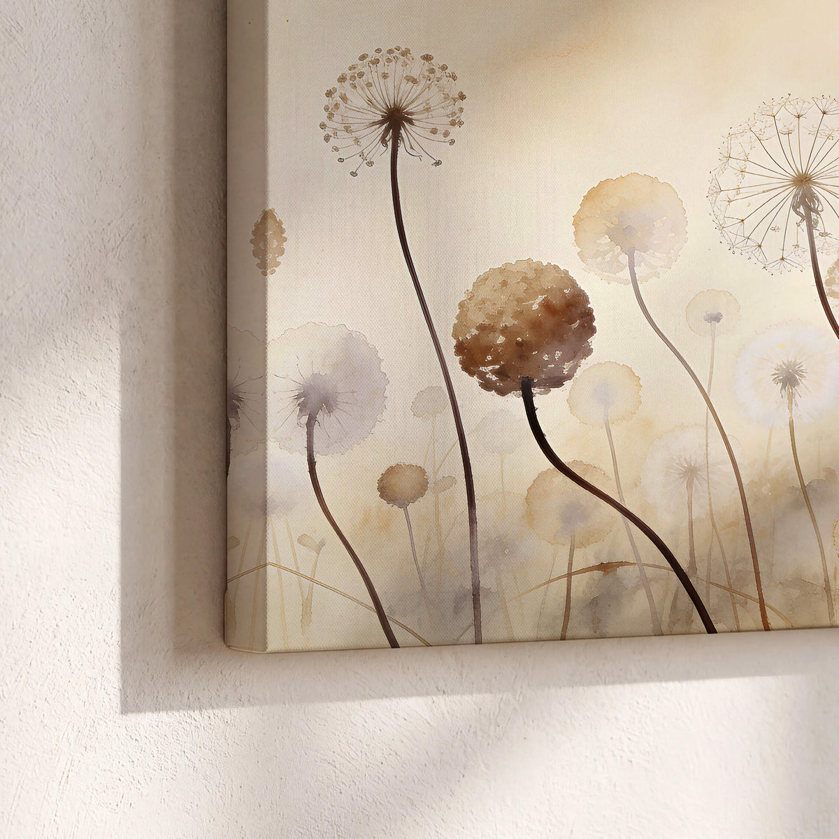 Delicate dandelion seed heads in warm misty light 3 piece canvas wall art material and edge close up