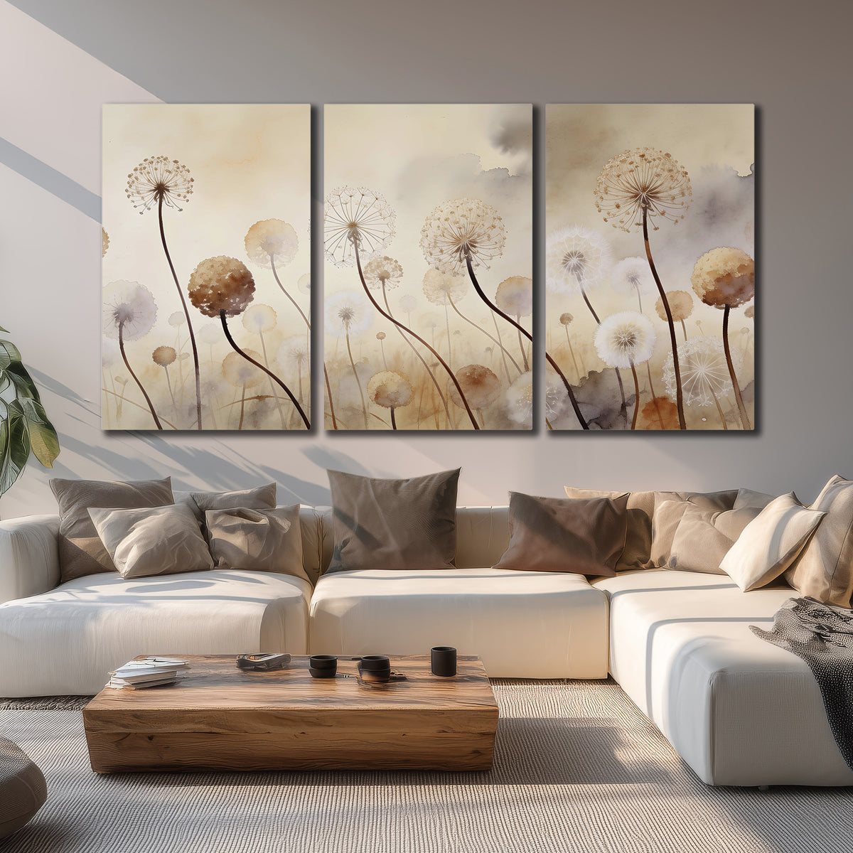 Delicate dandelion seed heads in warm misty light 3 piece canvas wall art displayed in a living room