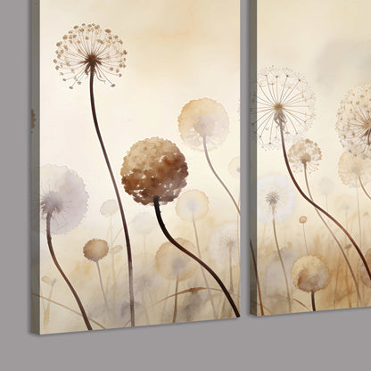 Delicate dandelion seed heads in warm misty light 3 piece canvas wall art room and product view