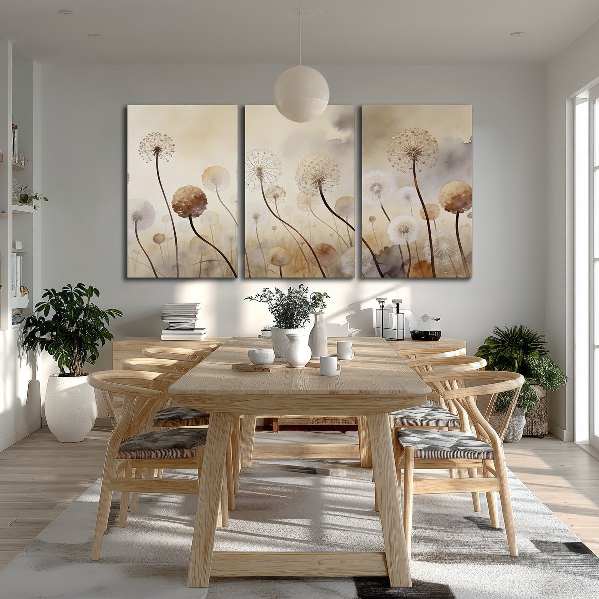 Delicate dandelion seed heads in warm misty light 3 piece canvas wall art room and product view