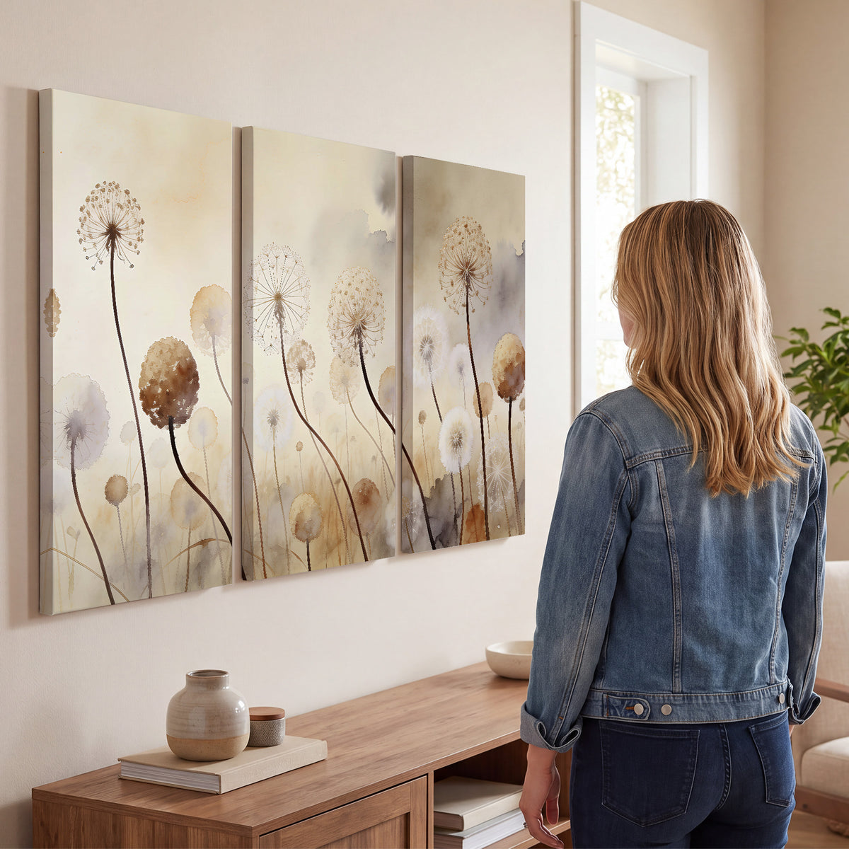 Delicate dandelion seed heads in warm misty light 3 piece canvas wall art three panel arrangement on a wall
