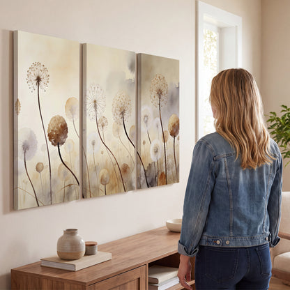 Delicate dandelion seed heads in warm misty light 3 piece canvas wall art three panel arrangement on a wall